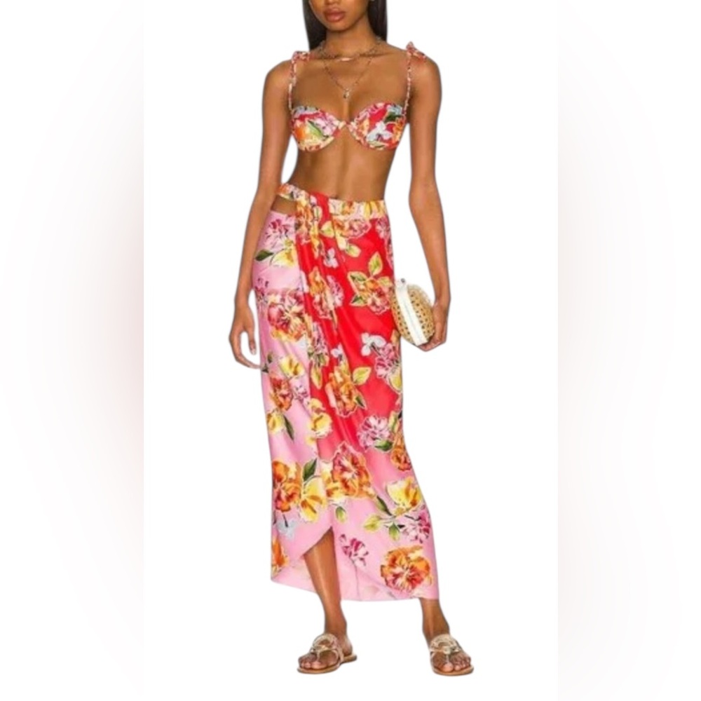 AGUA BENDITA X REVOLVE Mimi Sarong Style Skirt in Pink and Red Blossom NWT - Picture 5 of 9